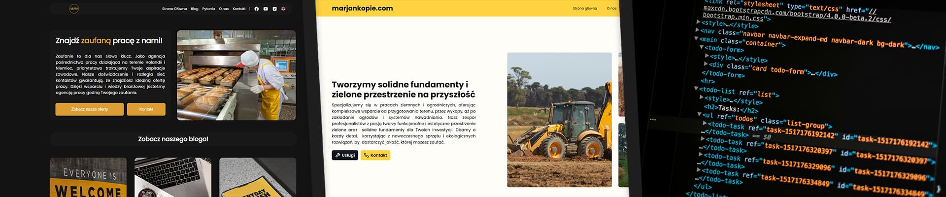 Kolaż stron internetowych oraz kodu strony www